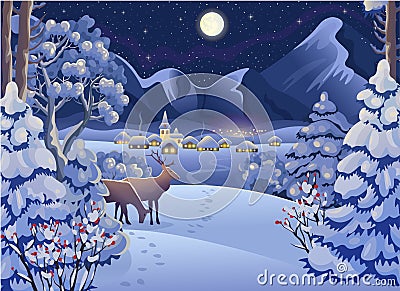 Winter night forest landscape with deers, rabbit, village, mountains, moon and starry sky. Vector drawing illustration in cartoon Vector Illustration